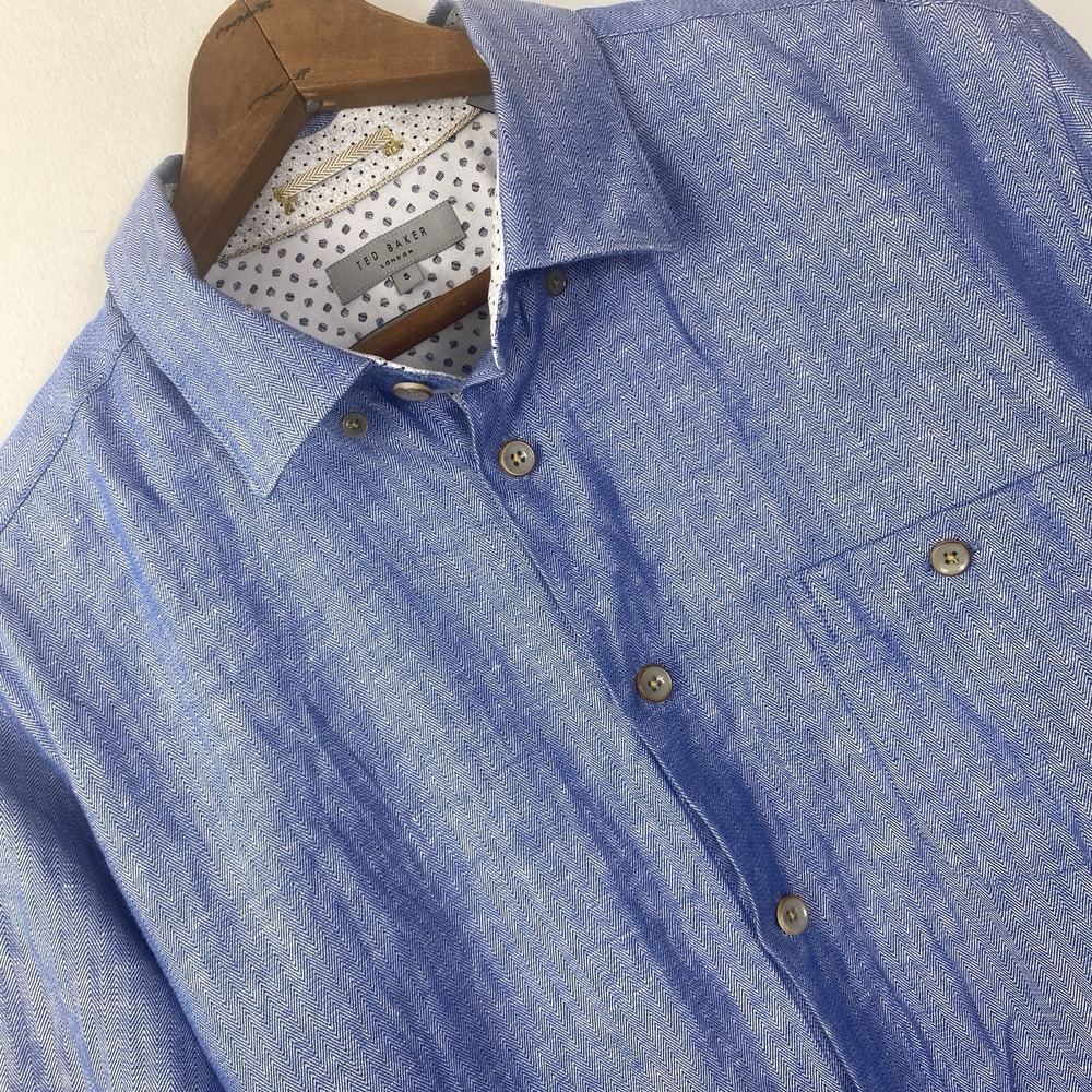 Ted Baker Shirt XL 5 Blue Chambray Herringbone Button Up Polka Dot Flip Cuff